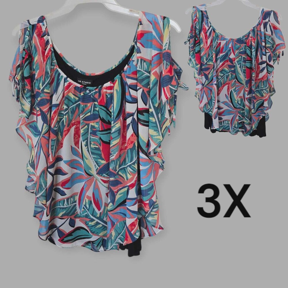 IN  Studio Poncho Cold Shoulder Blouse Tropical Print Ruffed Top  Womens Plus 3x